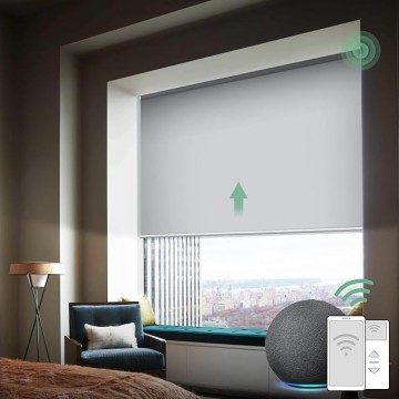 Motorized Blinds with Remote, Blackout Smart Blinds Motorized Fabric Roller Shades Work with Alexa, Automatic Shades for Windows Custom Size (Greyish White)