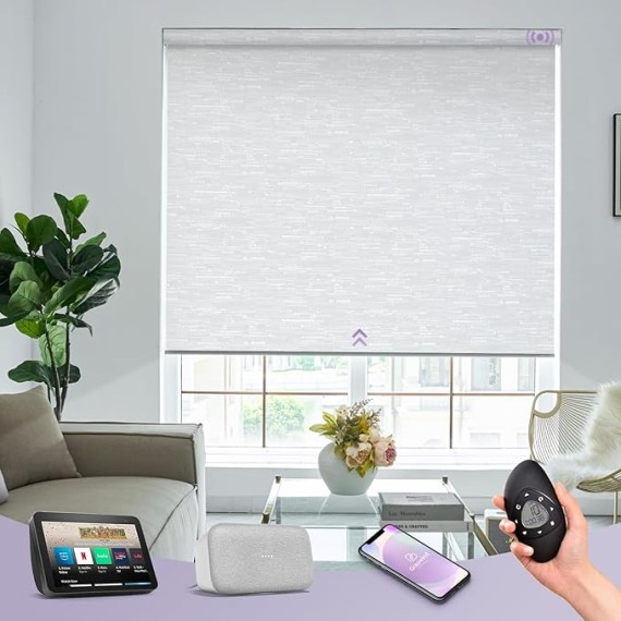 Motorized Roller Shades 100% Blackout Free Stop Window Shades Cordless Wireless Remote Control Window Roller Blinds with Valance for Smart Home and Office, Customized Size, Jacquard White