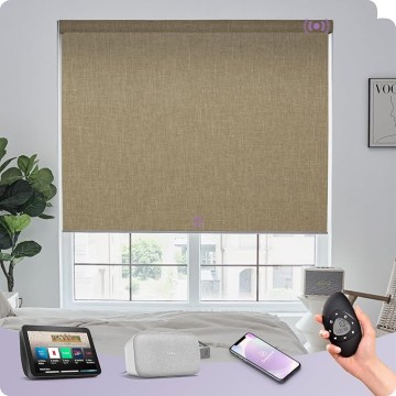 Motorized Roller Shades Work with Alexa Google Smart Blackout Shades with Remote Insulated Triple Weaved Fabric Window Blinds with Valance for Smart Home Office, Customized Size (Coffee)
