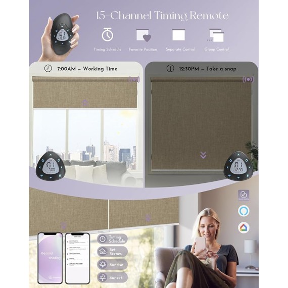 Motorized Roller Shades Work with Alexa Google Smart Blackout Shades with Remote Insulated Triple Weaved Fabric Window Blinds with Valance for Smart Home Office, Customized Size (Coffee)