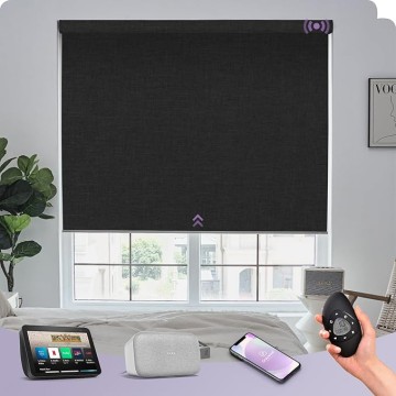 Motorized Roller Shade Work with Alexa Google 100% Blackout Rechargeable Smart Blinds Remote Control Battery Motor Cordless Window Shades, Customized Size (Matt Black)