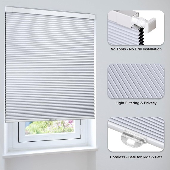 Cordless Cellular Shades No Tools No Drill Blackout Cellular Blinds for Window, Silver White