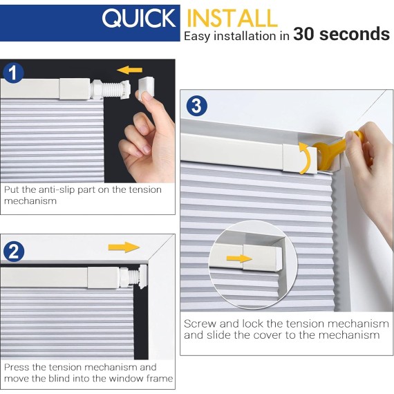Cordless Cellular Shades No Tools No Drill Blackout Cellular Blinds for Window, Silver White