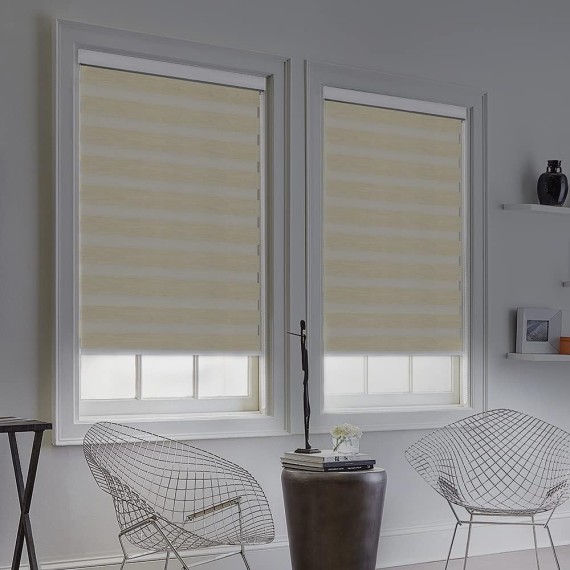 Zebra Blinds for Windows, Dual Layer Roller Sheer Shades Blinds for Day and Night, Light Control Window Treatments Shades with Valance Cover, 28" W x 72" L, Striped Beige