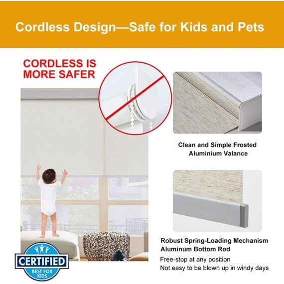 Free-Stop Cordless Light Filtering Roller Shades for Windows Natural Woven Fabric UV Protection Privacy Roller Window Shades for Windows, Home, Living Room, Office, Patio