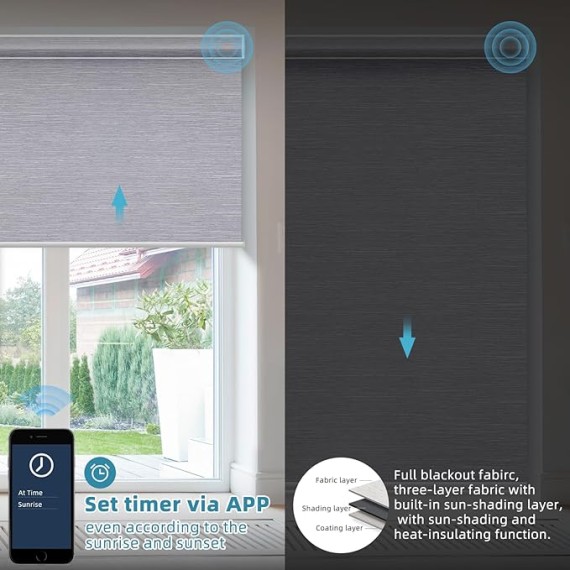 Motorized Roller Shades Work with HomeKit, 100% Blackout Window Shades, Cordless Wireless Remote Control Roller Blinds for Smart Home and Office, Essential Grey, Customized Size
