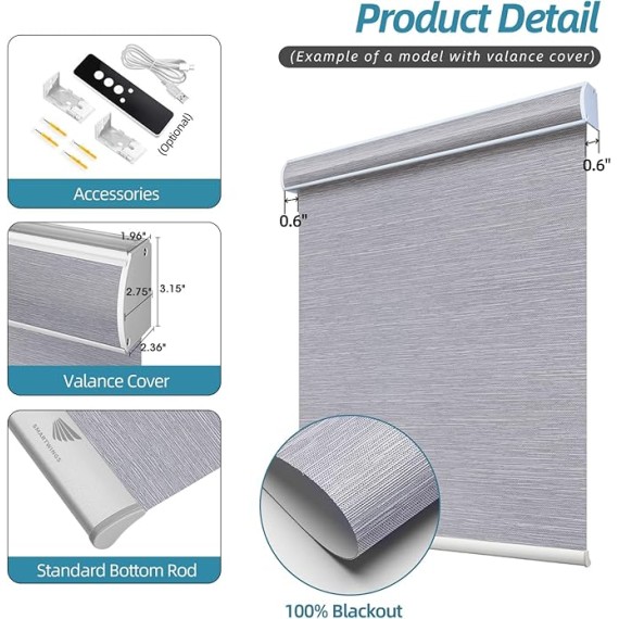 Motorized Roller Shades Work with HomeKit, 100% Blackout Window Shades, Cordless Wireless Remote Control Roller Blinds for Smart Home and Office, Essential Grey, Customized Size