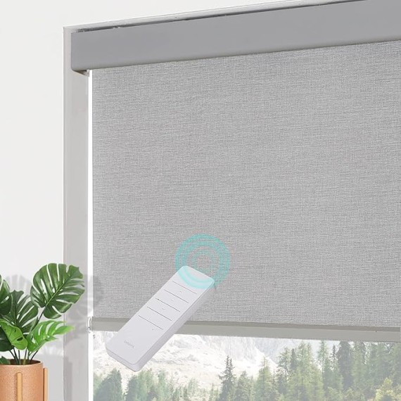Custom Size Motorized 100% Blackout Roller Shades Window Shades with Textured Pattern Thermal Insulation UV Protection Blinds for Windows/Bedroom/Home Office Grey Cord/Cordless/Motorized