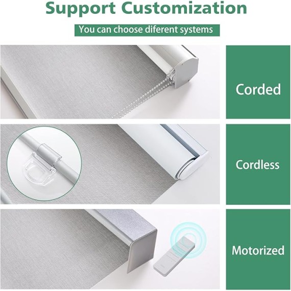 Custom Size Motorized 100% Blackout Roller Shades Window Shades with Textured Pattern Thermal Insulation UV Protection Blinds for Windows/Bedroom/Home Office Grey Cord/Cordless/Motorized