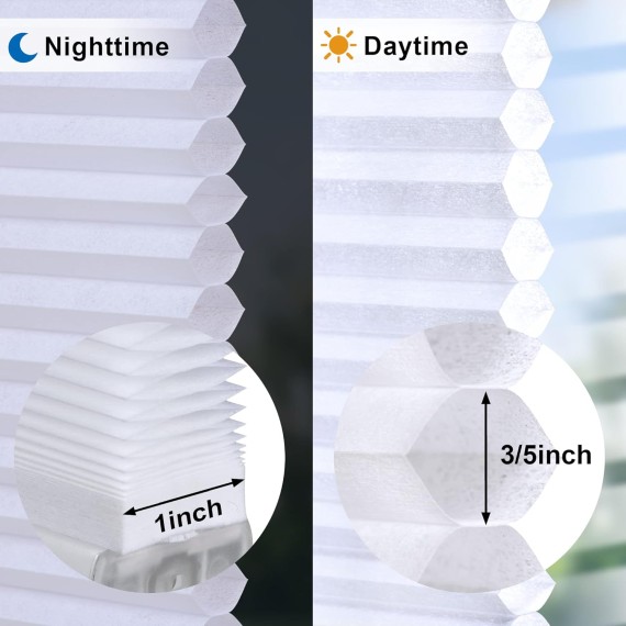 Cordless Cellular Shades, No Tools No Drill Light Filtering Custom Cut to Size Honeycomb Shades Pleated Polyester Blinds for Windows (White, Any Size 16-52 Wide and 12-72 High)