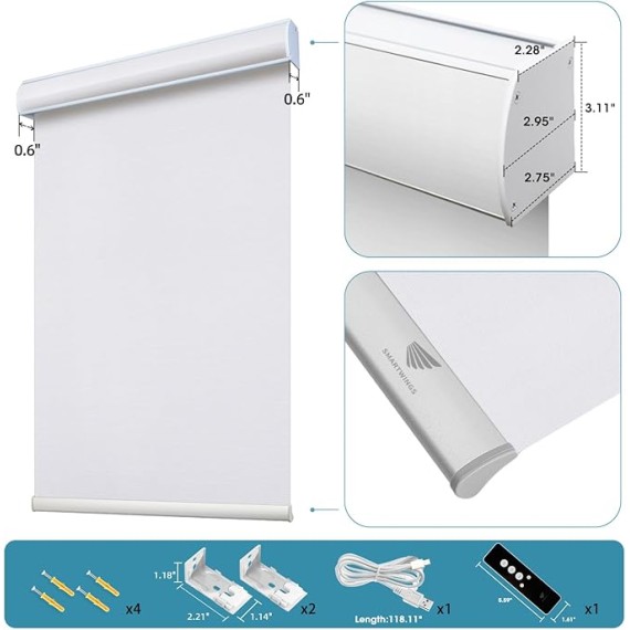 Motorized Blind Work with Homekit Thread-Enabled, 100% Blackout Smart Shades with Remote Control, Automatic Roller Shade, Electric Blinds Custom Up to 110" W x 120" H, Essential White