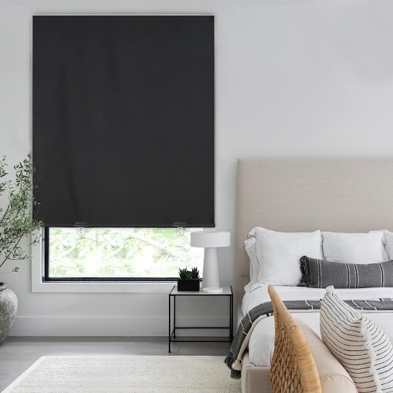 100% Blackout Roller Shades, No tools No Drill Cordless Blinds for Windows, Thermal Insulated UV Protection Privacy Window Shades for Bedroom (48''W x 72''H, Black)