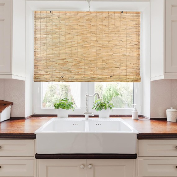 Backyard X-Scapes Light-Filtering Cord-Free Bamboo Reed Roll-Up Blind Shades for Windows Manual Roman Blinds Natural 60 in W x 72 in H
