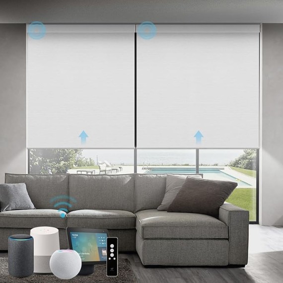 Motorized Roller Shades Work with Homekit, 100% Blackout Smart Blinds for Windows, Cordless Remote Control Window Shades, Essential White, Customized Size