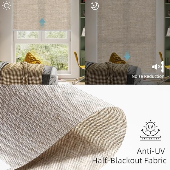 Motorized Light Filtering Shades, Work with Matter Homekit Alexa Google, 70% Blackout Shades Translucent, Cordless Window Shades with Remote Rechargeable, Up 110" W x 148" H, Linen Caramel