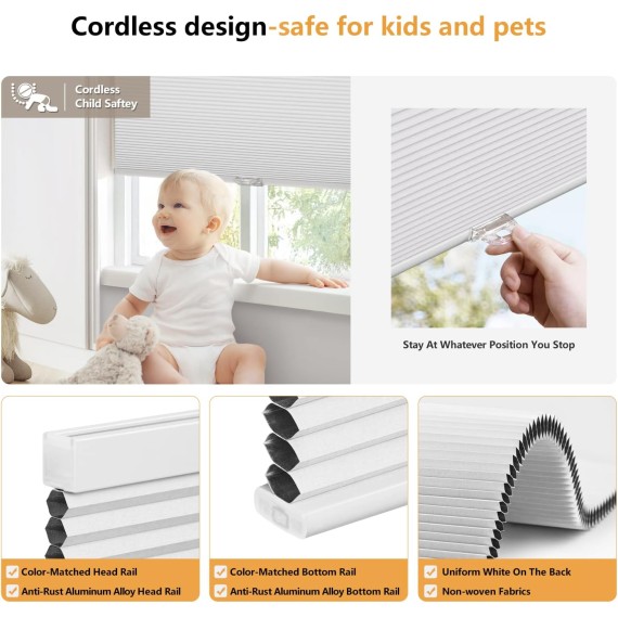Cordless Cellular Shades, Blackout Privacy Light Blocking Honeycomb Shade Pleated Polyester Blinds for Windows Size 20'' W x 64'' H, White