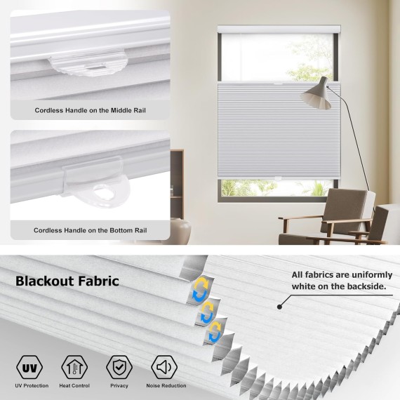 Top Down Bottom Up (TDBU) Cordless Cellular Shades, Blackout Light Blocking Honeycomb Shades Pleated Polyester Blinds for Window Size 23" W x 48" H, White