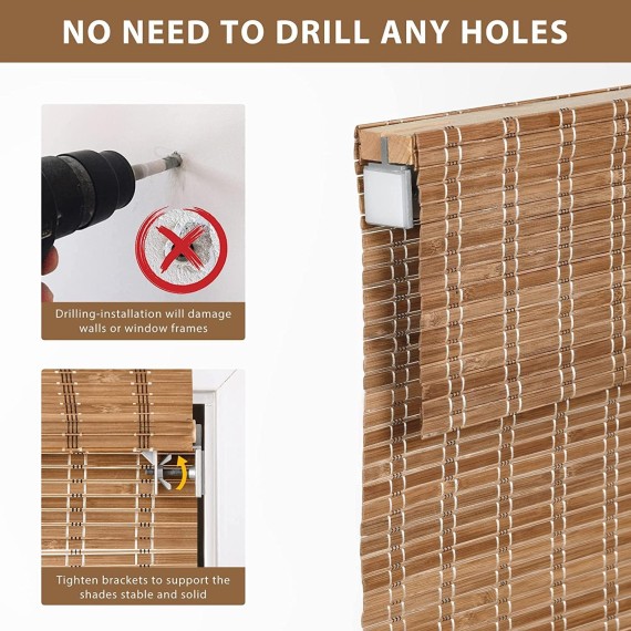 No Tools No Drill Cordless Bamboo Roman Shades, Light Filtering Window Treatment, Roll Up Bamboo Blinds for Window, Brown
