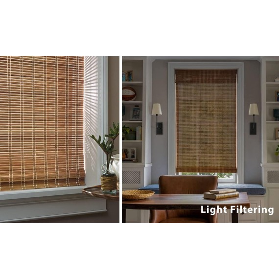 No Tools No Drill Cordless Bamboo Roman Shades, Light Filtering Window Treatment, Roll Up Bamboo Blinds for Window, Brown