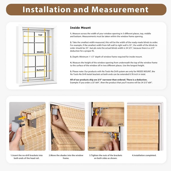 No Tools No Drill Cordless Bamboo Roman Shades, Light Filtering Window Treatment, Roll Up Bamboo Blinds for Window, Brown