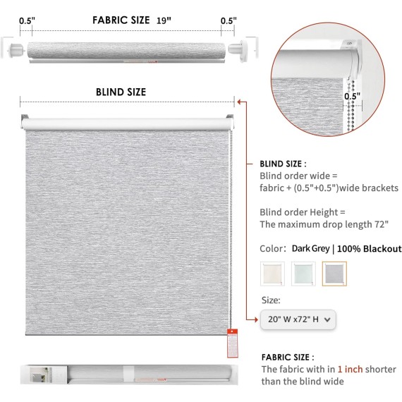 100% Blackout Roller Window Shades,Window Blinds with UV Protection Fabric,Roll Up and Pull Down Shades for Indoor Window,Window shade for Home,Dark Grey