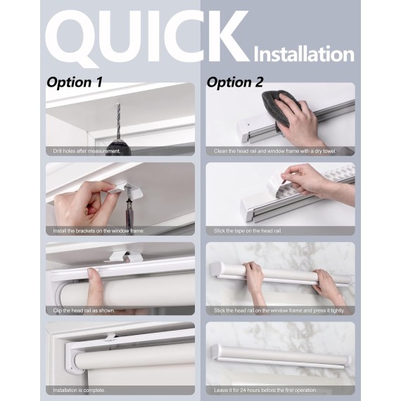 No Tools No Drill Cordless Roller Blinds Shades, 100% Blackout Waterproof Fabric Thermal Insulated UV Protection Privacy Blinds for Window Size 24'' W x 72'' H, White