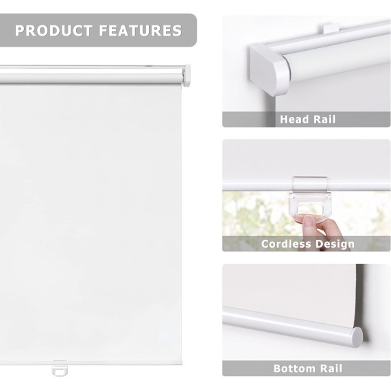No Tools No Drill Cordless Roller Blinds Shades, 100% Blackout Waterproof Fabric Thermal Insulated UV Protection Privacy Blinds for Window Size 20'' W x 72'' H, White