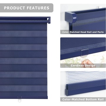 No Tools No Drill Cordless Dual Layer Zebra Roller Blinds, Light Filtering Sheer Shades Horizontal Window Blinds for Windows Size 23'' W x 72'' H, Navy Blue