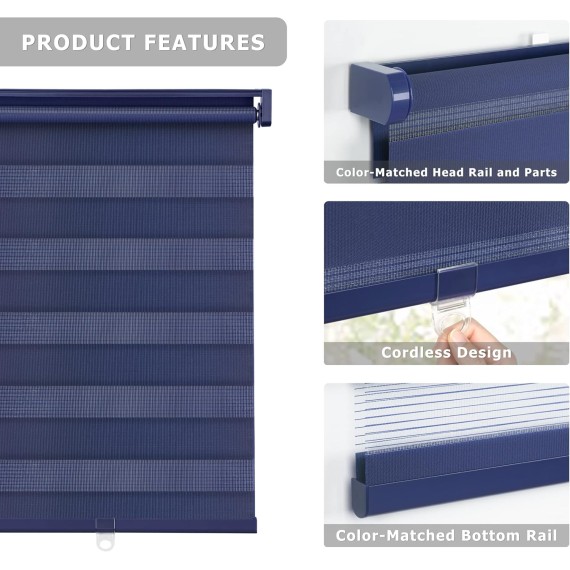 No Tools No Drill Cordless Dual Layer Zebra Roller Blinds, Light Filtering Sheer Shades Horizontal Window Blinds for Windows Size 23'' W x 72'' H, Navy Blue