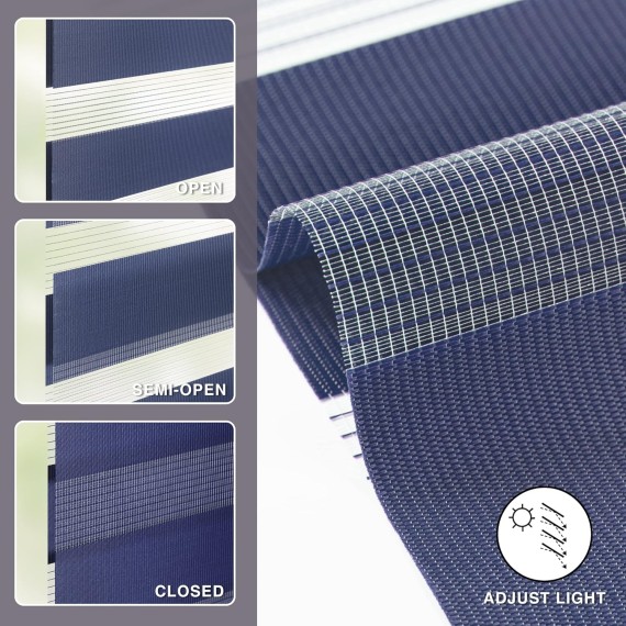 No Tools No Drill Cordless Dual Layer Zebra Roller Blinds, Light Filtering Sheer Shades Horizontal Window Blinds for Windows Size 23'' W x 72'' H, Navy Blue