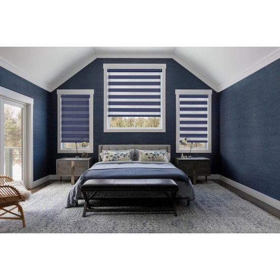 No Tools No Drill Cordless Dual Layer Zebra Roller Blinds, Light Filtering Sheer Shades Horizontal Window Blinds for Windows Size 23'' W x 72'' H, Navy Blue