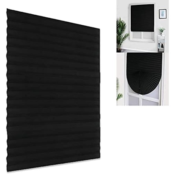 Blackout Roller Window Shades, No Drilling Temporary Cordless Blinds Light Filtering Fabric Pleated Paper Shades for Indoor Window Covers, Easy to Cut, 35.5" W x 70.9" L (Black)