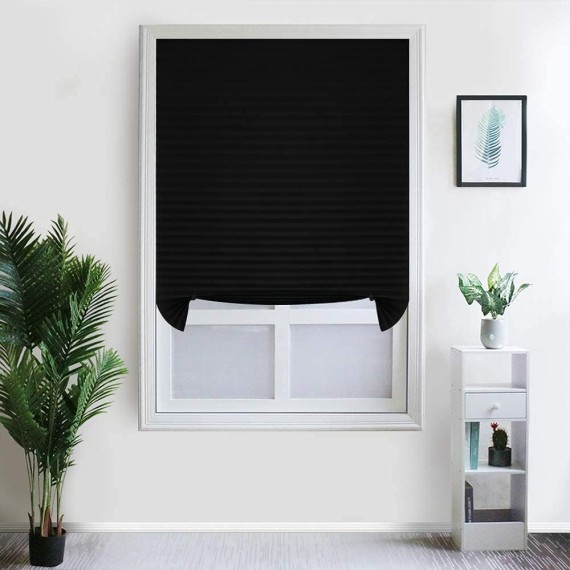 Blackout Roller Window Shades, No Drilling Temporary Cordless Blinds Light Filtering Fabric Pleated Paper Shades for Indoor Window Covers, Easy to Cut, 35.5" W x 70.9" L (Black)
