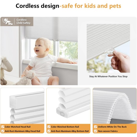Cordless Cellular Shades, Light Filtering Honeycomb Shade Pleated Blinds for Windows, White
