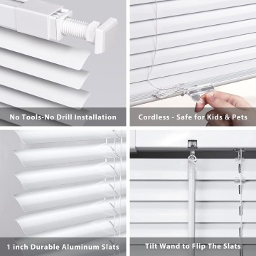 No Tools-No Drill 1" Aluminum Mini Blinds, Cordless Blinds for Windows, Light Filtering Horizontal Blinds and Shades for Window, White
