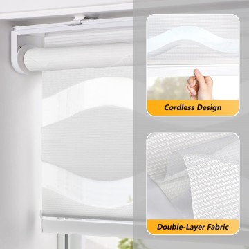 No Tools No Drill Cordless Dual Layer Zebra Blinds for Windows, Light Filtering Privacy Roller Shades for Day and Night - Fit for Windows Size 20'' W x 72'' H, White