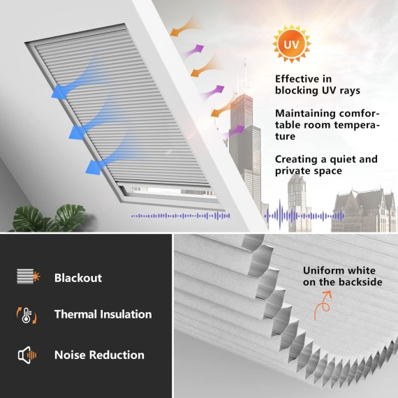 Cordless Skylight Shades, Custom Cut to Size 100% Blackout Roof Window Cellular Shades Honeycomb Pleated Blinds for Windows, lnside Mount ONLY(White, 12-51 Wide and 12-74 High)