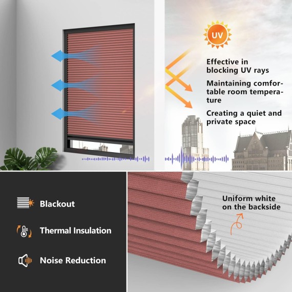 Cordless Cellular Shades, Custom Cut to Size 100% Blackout Light Blocking Privacy Protecting Honeycomb Pleated Blinds for Windows, lnside Mount ONLY(Red, 12-51 Wide and 12-74 High)