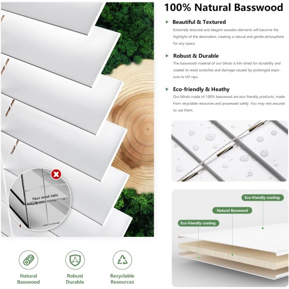 2" Real Wood Blinds, White Wood Blinds, Cordless Room Darkening Blinds for Windows - Actual Blinds Size: 20 3/4'' W x 60'' H, Basswood - White