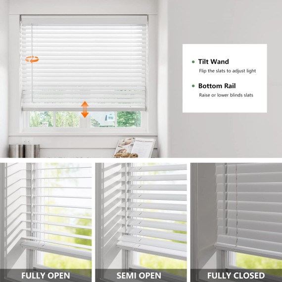 2" Real Wood Blinds, White Wood Blinds, Cordless Room Darkening Blinds for Windows - Actual Blinds Size: 20 3/4'' W x 60'' H, Basswood - White