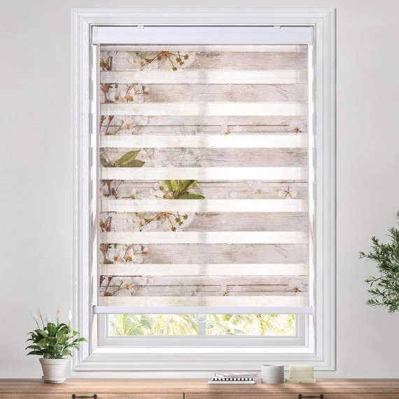 Cordless Dual Layer Zebra Blinds for Windows, Light Filtering Privacy Roller Shades for Day and Night - Fit for Windows Size 20'' W x 72'' H, Sand with Flowers