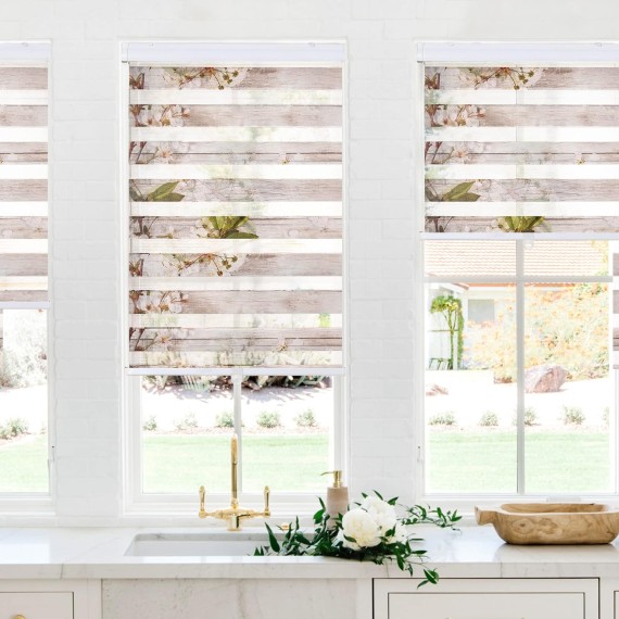Cordless Dual Layer Zebra Blinds for Windows, Light Filtering Privacy Roller Shades for Day and Night - Fit for Windows Size 20'' W x 72'' H, Sand with Flowers