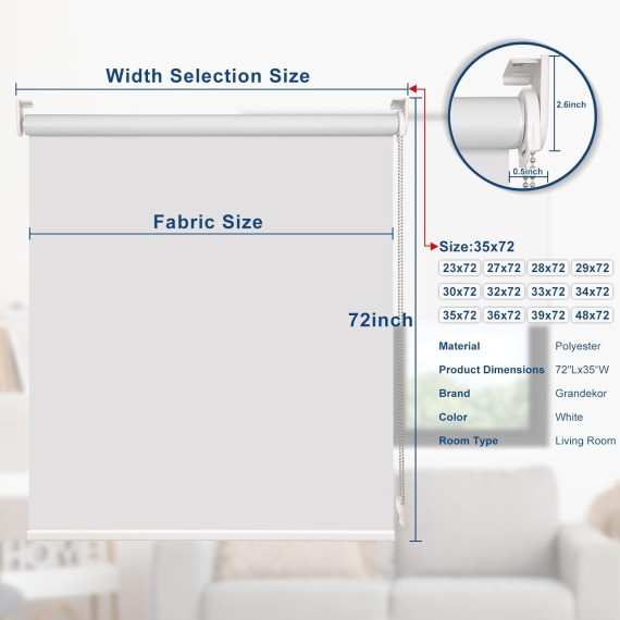 100% Blackout Roller Shades, Pull down shades for Window Thermal Insulated UV Protection Waterproof Blackout Fabric, Chain Corded roll up and Down Blinds,20x72,White