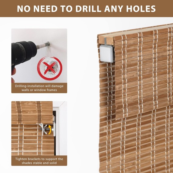 Custom No Tools No Drill Cordless Bamboo Roman Shades, Light Filtering Window treatment, Roll Up Retro Bamboo Blinds for Windows, Any Size 20-58 Wide and 23-93 High, Brown206