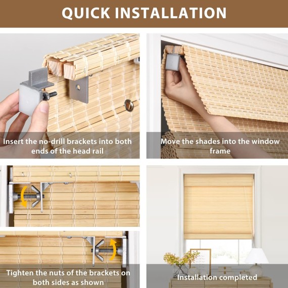 Custom No Tools No Drill Cordless Bamboo Roman Shades, Light Filtering Window treatment, Roll Up Retro Bamboo Blinds for Windows, Any Size 20-58 Wide and 23-93 High, Brown206