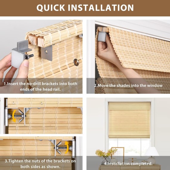 Custom No Tools No Drill Cordless Bamboo Roman Shades, Light Filtering Window treatment, Roll Up Retro Bamboo Blinds for Windows, Any Size 20-58 Wide and 23-93 High, Carbonized206
