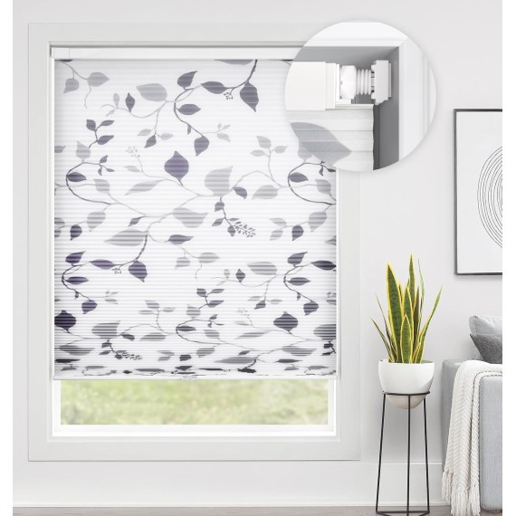 No Tools No Drill Cordless Cellular Shades, Light Filtering Honeycomb Window Blinds Pleated Blinds for Window, Grey Leaves