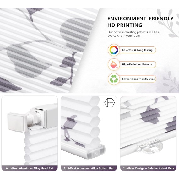 No Tools No Drill Cordless Cellular Shades, Light Filtering Honeycomb Window Blinds Pleated Blinds for Window, Grey Leaves