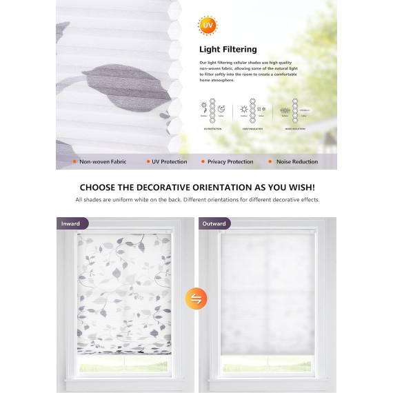 No Tools No Drill Cordless Cellular Shades, Light Filtering Honeycomb Window Blinds Pleated Blinds for Window, Grey Leaves