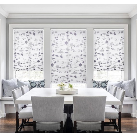 No Tools No Drill Cordless Cellular Shades, Light Filtering Honeycomb Window Blinds Pleated Blinds for Window, Grey Leaves